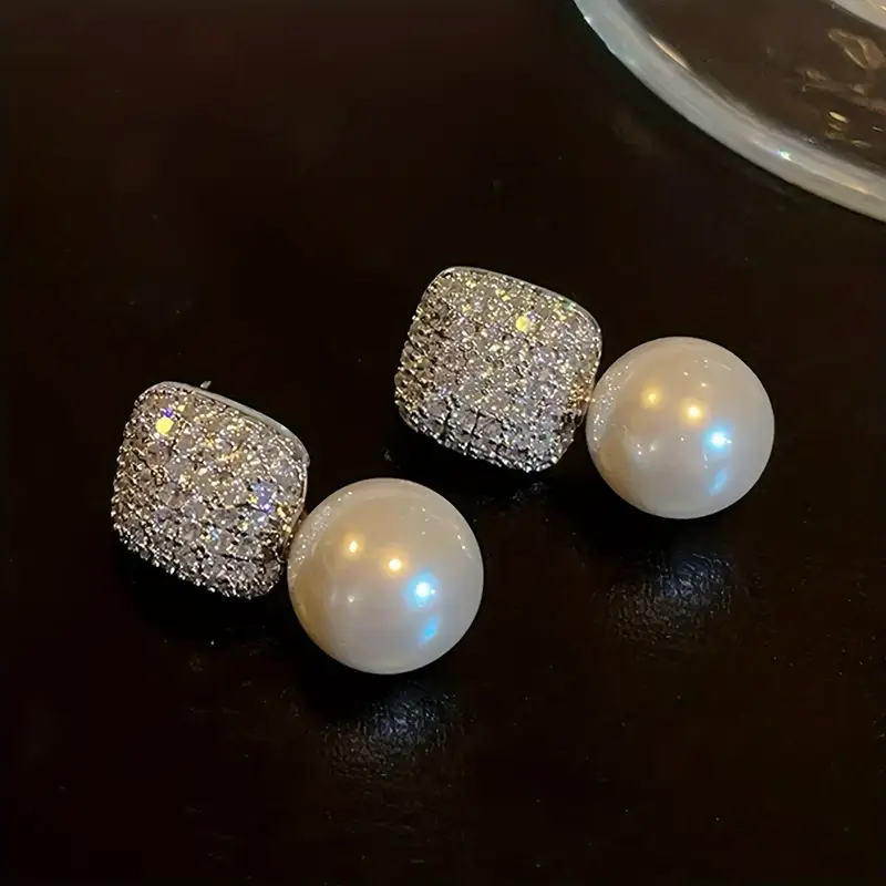 Elegant Crystal & Pearl Stud Earrings - Image 2