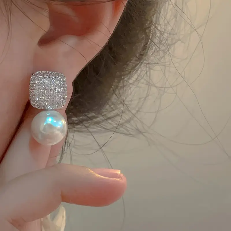 Elegant Crystal & Pearl Stud Earrings - Image 3