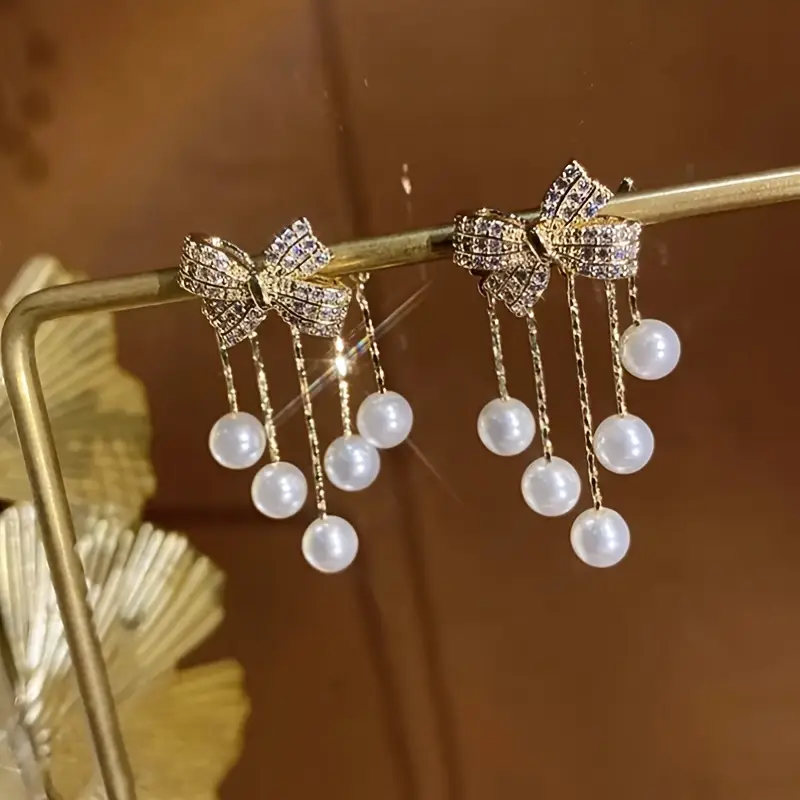 Pearl Cascade Bow Earrings - Image 4